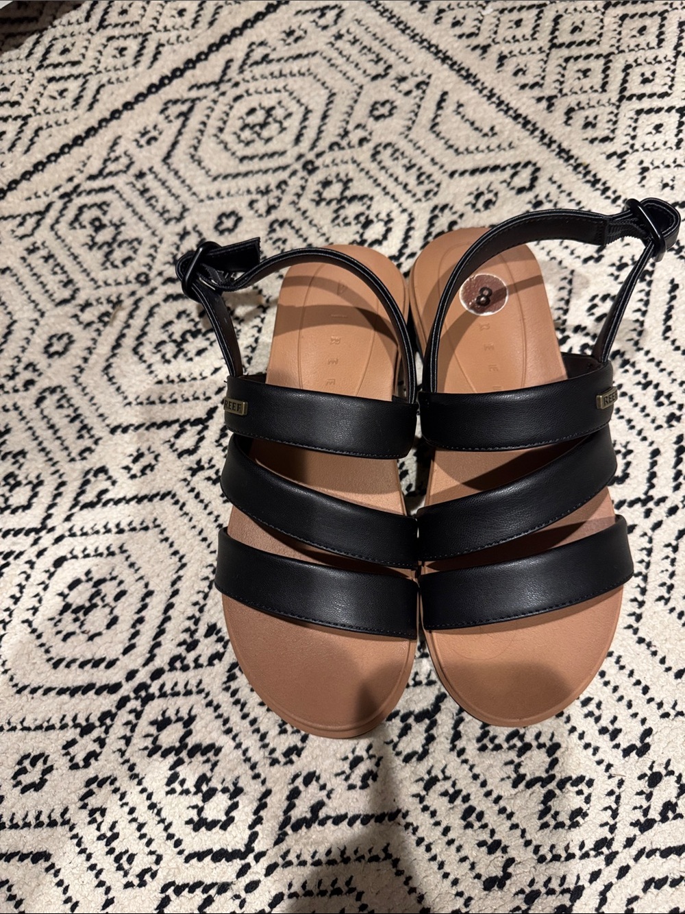 Reef Black Strappy Sandals with Tan Footbed